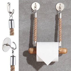 Toilettenpapierhalter  Holz mit Jute-Sei, Klopapierhalter für WC/Badezimmer, 100%-fest durch Bohren oder Kleben