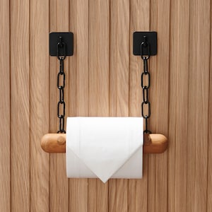 DEKAZIA® Toilet paper holder wood without drilling, toilet paper holder, toilet roll holder, black chain, oak wood