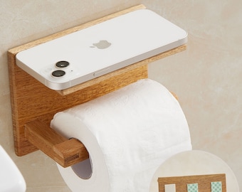 DEKAZIA Toilettenpapierhalter ohne Bohren aus Holz, mit Ablage, Selbstklebend, Klopapierhalter für WC, Handgemacht