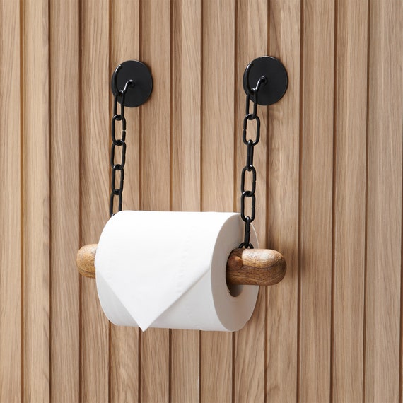 Portarrollos de papel higiénico con estante, soporte de papel higiénico de  madera marrón, soporte de pared para papel higiénico de metal negro para