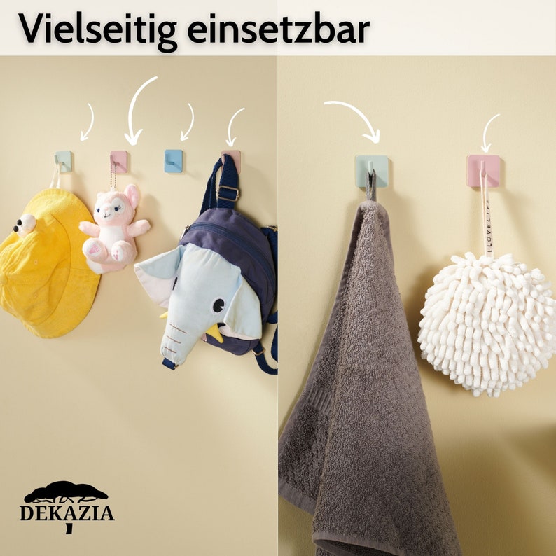 DEKAZIA® 4 Klebehaken bunt Haken selbstklebend Handtuchhaken Kinder Wandhaken Kinderzimmer Haken Kleiderhaken Kinder rosa, orange, mint,blau zdjęcie 3