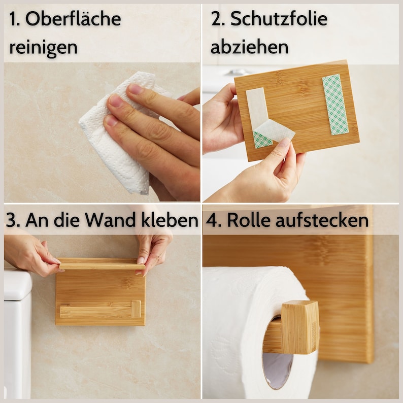 DEKAZIA Toilettenpapierhalter ohne Bohren aus Holz, mit Ablage, Selbstklebend, Klopapierhalter für WC, Handgemacht Bild 7