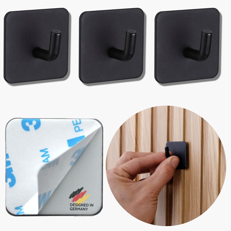 DEKAZIA® adhesive hooks Hook self-adhesive Towel hook black Wall hook matt black Kitchen hook black hook Coat hook stainless steel Schwarz-matt