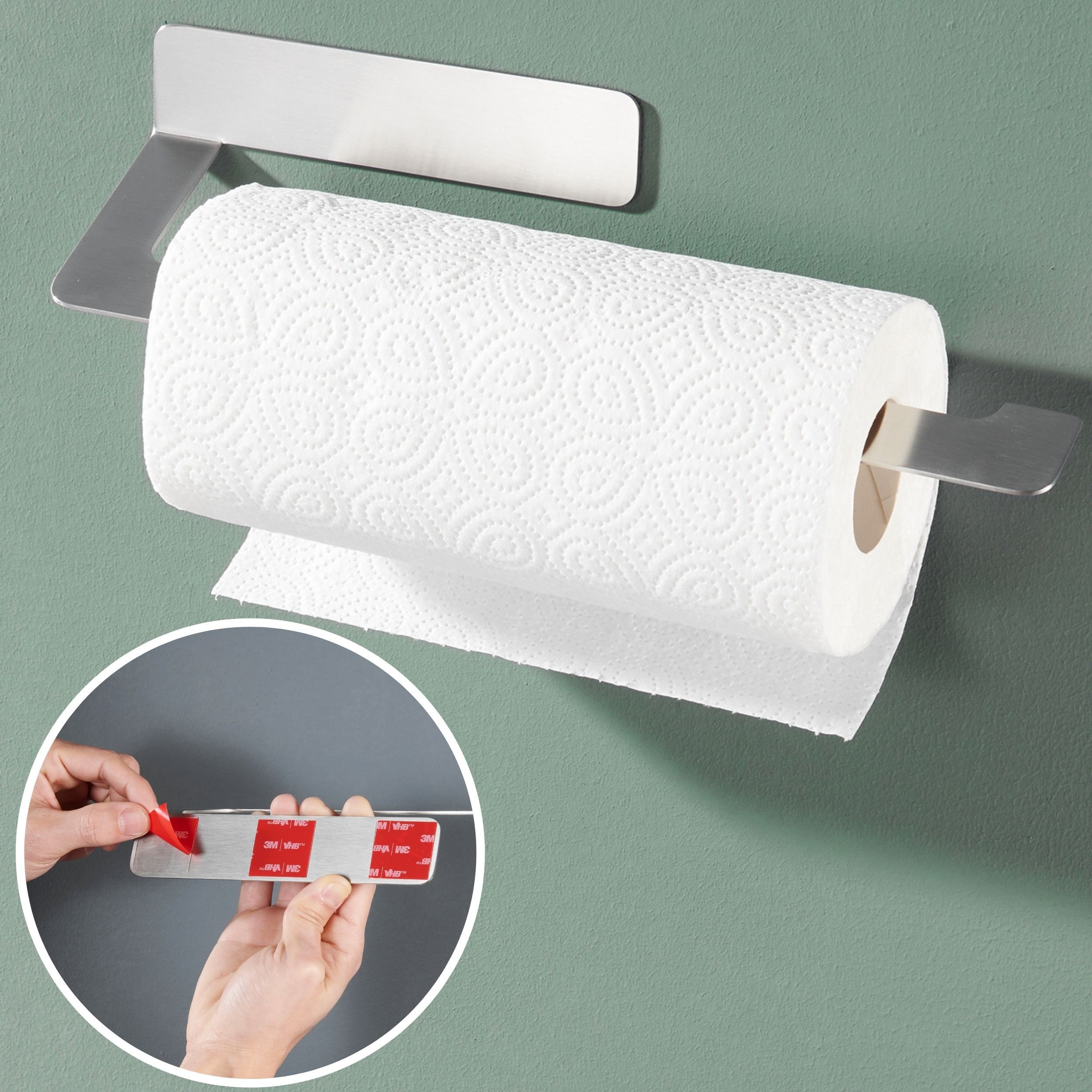 DEKAZIA® Küchenrollenhalter Edelstahl ohne Bohren, Küchenpapierhalter, Papierrollenhalter schwarz / Edelstahl gebürstet, selbstklebend