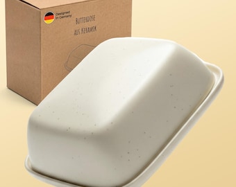 Handmade Ceramic Butter Dish with Lid Beige Grey Stoneware - Speckled Butter Keeper Scandi Design - 250g 8.8oz Butter Crock