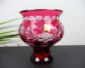 red NIGHT MAN VASE, BLEIKRISTALL flower vase, crystal vase cut with tiames as windlight, vintage gift to collector, glass decoration