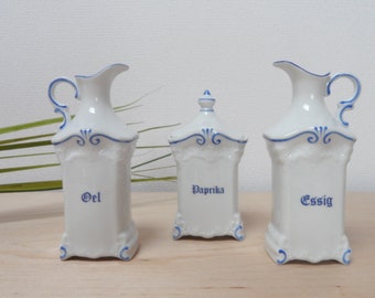 GEROLD Porcelain, VINEGAR OIL + PAPRIKA, small storage jar in Art Nouveau style with blue decoration, vinegar bottle oil bottle, menagere, spice jar