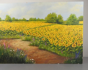 SUNFLOWER PICTURE, vintage oil painting, LANDSCAPE PICTURE painted on wood, yellow sunflower field in autumn, signed picture, wall picture autumn picture
