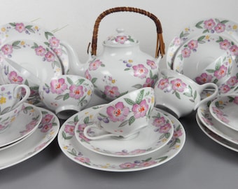 6 persons TEA SERVICE / coffee service with pink FLOWERS, vintage tea set, coffee set, tea cup, teapot, milk and sugar, collector's set