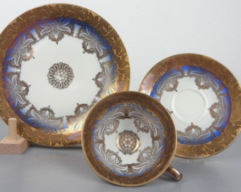 blue COLLECTOR&#39;S CUP, BAREUTHER collector&#39;s set, gold decor porcelain coffee set, mid century tea set, vintage tableware festive coffee table