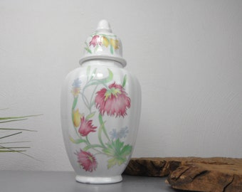 DECKELVASE mit Blumen in Pastelltönen, hohe Vase, Porzellan Deckeldose mit Gartenblumen, Vintage Vorratsdose, Blumenvase, Porzellanvase,