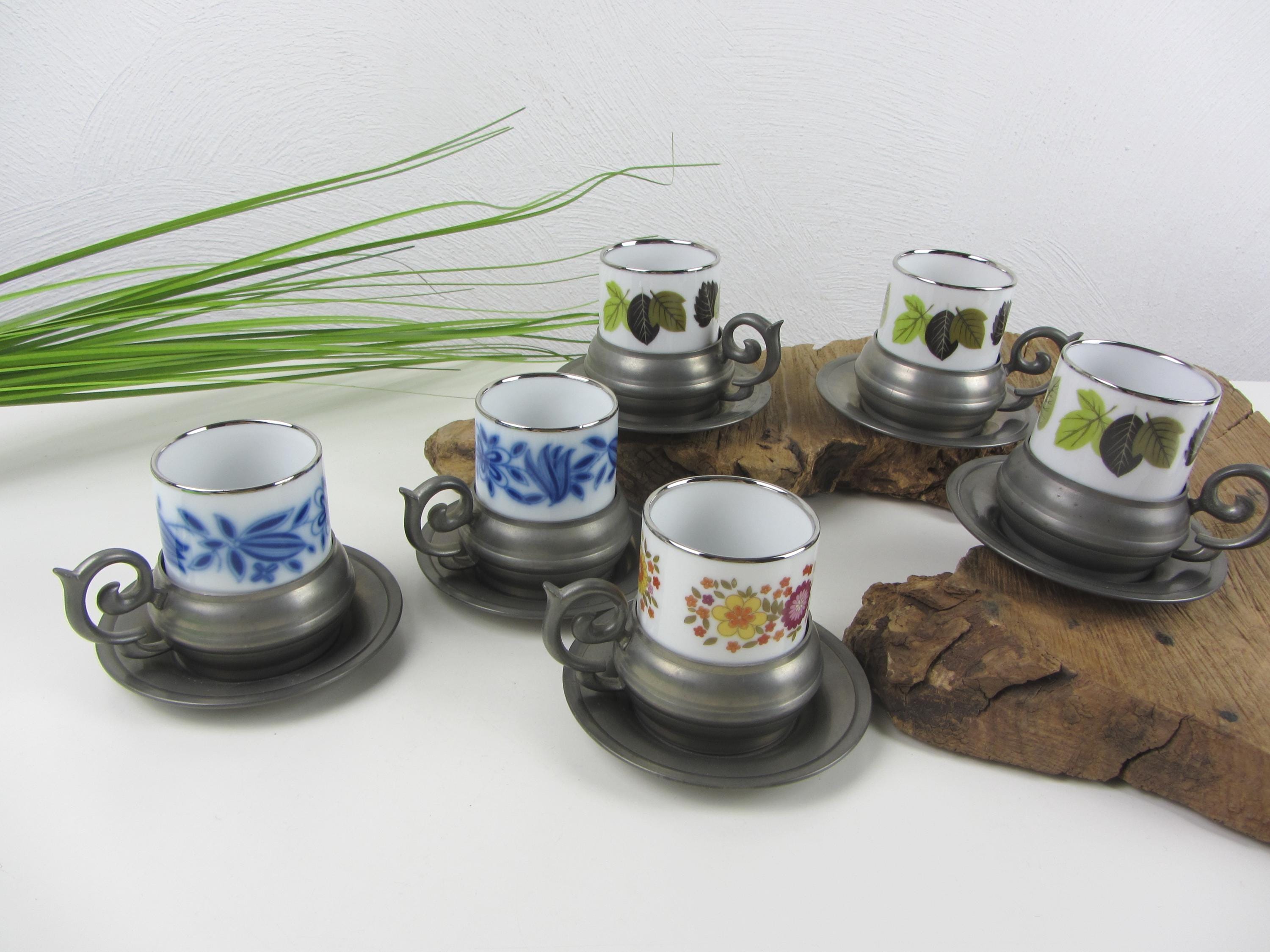 6 tazzine da caffè espresso, tazzine da moka + piatto in peltro di DAHLMANN ZINN, tazzina da moka blu verde arancione, tazzina da caffè piccola in sti