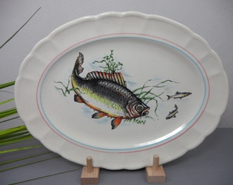 vintage FISH PLATE, oval serving plate for fish appetizers, fish buffet ceramic plate, gift to collector, trout, fish motif bowl