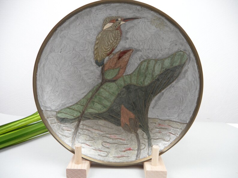 vintage enamel decoration handmade decorative plate brass plate CLOISONN SCHALE with V\u00d6GEL home d\u00e9cor ornamental bowl metal bowl Japan China