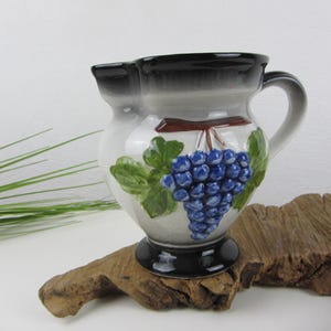 1.2 liter wine jug with blue grapes, vintage handle vase with floral grape decoration, milk jug for country house kitchen, farmhouse parlor jug