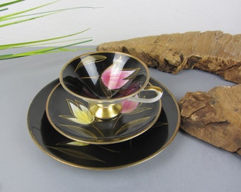schwarze SAMMELTASSE mit bunten Tulpen, Schumann Arzberg SAMMELGEDECK, vintage Kaffeegedeck Teegedeck, festliches Porzellan Blumendekor