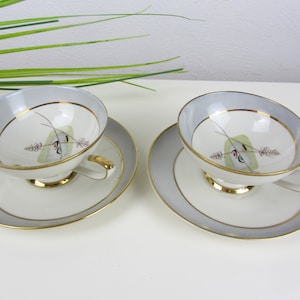 2 Mid Century coffee cups with saucer by SAMMELGEDECK, Winterling Röslau SAMMELTASSE, blue - grey with gold rim, festive tea cups