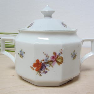 100 year old SUGAR BOWL, Schönwald, Arzberg sugar pot from coffee service, Art Deco porcelain tin, vintage biscuit tin with scattered flowers decor