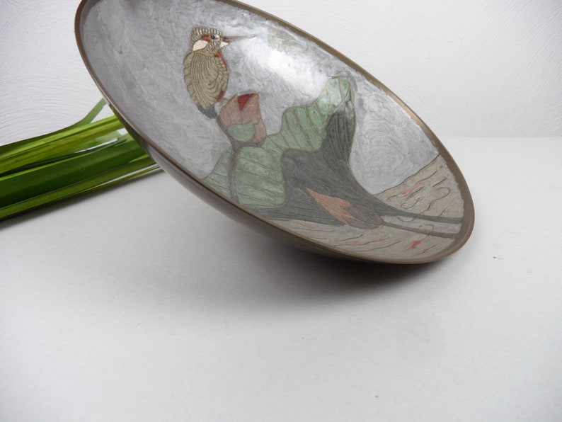 vintage enamel decoration handmade decorative plate brass plate CLOISONN SCHALE with V\u00d6GEL home d\u00e9cor ornamental bowl metal bowl Japan China