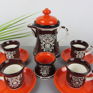 Majolica coffee service, 4-person coffee set, orange-brown, Schramberger SMF hand-painted ADLON, coffee pot, cup, plate, milk and sugar