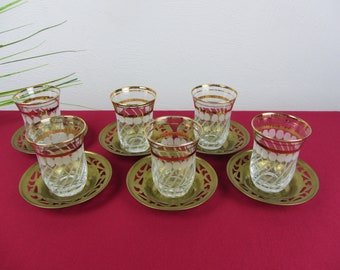 5 TEA GLASSES with coasters, tea cups with cut and gold rim, vintage drinking glasses, water glasses, ESPRESSO CUP, mocha cup grog mulled wine