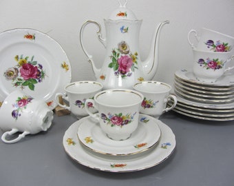 6 Personen Kaffeeservice mit Pfingstrose von Vohenstrauss, Kaffeegedecke Sammelgedecke Sammeltasse Blumendekor, vintage Goldrand Geschirr