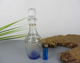 small carafe with blue base and gold rim, mid century liqueur carafe, vintage liqueur bottle for the drinks bar or serving trolley