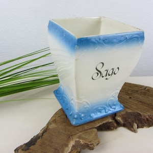 Könnte beinhalten: Ein Vintage-Pflanzgefäß aus weißer und blauer Keramik mit dem Wort "Sago" in Schreibschrift. Der Pflanztopf hat eine quadratische Form mit blauem Zierrat und einem ausgestellten Sockel. Der Hintergrund umfasst grüne, grasartige Pflanzen.