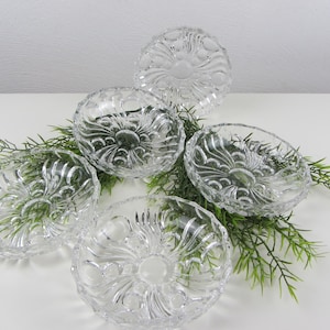 5 dessert bowls, unused glass plates, dessert, dip bowl, pastry plate vintage, table setting, fruit salad, pudding bowl, Walther Glas,