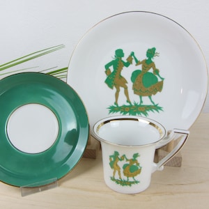 vintage COLLECTOR&#39;S CUP, gold rim collector&#39;s place setting, coffee place setting BAROQUE decor, porcelain place setting with green plate, coffee cup coffee mug, gift
