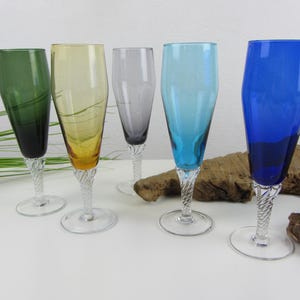 Antique champagne glasses, 5 cremant glasses, Art Deco wine glass cased glass yellow blue green, white wine glass, vintage glasses for champagne reception, stemware