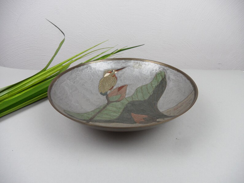 vintage enamel decoration handmade decorative plate brass plate CLOISONN SCHALE with V\u00d6GEL home d\u00e9cor ornamental bowl metal bowl Japan China