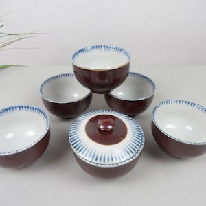 Può includere: Un set di sei ciotole in ceramica e un contenitore con coperchio. Le ciotole e il coperchio sono di colore marrone scuro con interni bianchi. I bordi delle ciotole e il coperchio presentano un motivo a righe blu e bianche.