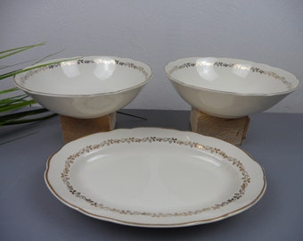 2 Schüssel + 1 Platte, antikes deutsches Villeroy & Boch Geschirr, Mid Century Golddekor Porzellan Vorlegeplatte, vintage Jugenstil Geschirr