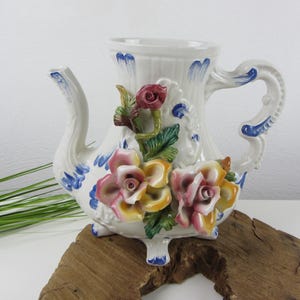 Large Capodimonte porcelain coffee pot from Italy, Baroque style, rose blossom, handmade, gift for collectors, opulent home decor