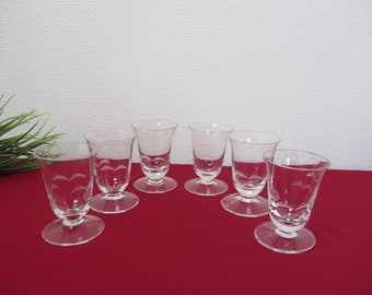 6 LIKÖRGLÄSER mit Stiel, 70er Jahre Schnapsgläser, Obstler Glas, Schwalben Dekor, Teelichtglas, Aperitif, Stamperl, Geschenk an Glassammler