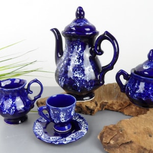 TEA SERVICE 9 people Vallauris, blue ceramic tableware, teapot, milk jug, sugar bowl, espresso cup, mocha cup, tea set France