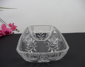 60s crystal bowl, salad bowl, pastry bowl, fruit bowl, square floral decor crystal bowl, tulips, cut candy bowl,