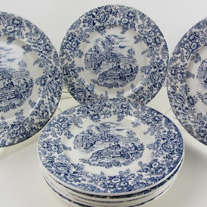 blue DINNER PLATES, England ceramic dinner plates for dining tableware, table plates motif Luneville, romantic side plates for lunch,