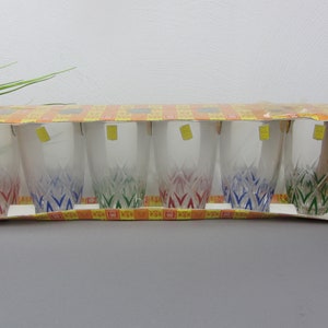 6 colorful water glasses, 60s drinking glasses, VMC REIMS, harlequin, blue yellow red, crystal glass OVP from France, stripe decor glass decoration