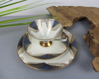 Elfenbein SAMMELTASSE, vintage Sammelgedeck blau gold, 50s Kaffeegedeck, Mid Century Geschirr für Kaffeetafel, abstraktes Teegedeck, Bauhaus