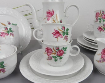 4 persons COFFEE SERVICE rose decor, coffee set tea set for spring + summer, Schirnding collector's set collector's cup, relief decor