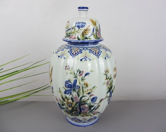 large LID VASE with peacock flowers and bird of paradise, vintage vase, porcelain lidded jar, large flower vase porcelain vase, gift to collector