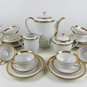 MKS 8 person COFFEE SERVICE festive gold decor, porcelain coffee place settings with coffee core milk jug + sugar bowl, vintage coffee table