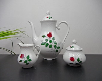 Schattenrose KAFFEEKERN, Kaffeekanne Milchkännchen und Zuckerdose von Schumann Arzberg, alte Kanne mit Rosenmotiv, Mid Century Porzellan