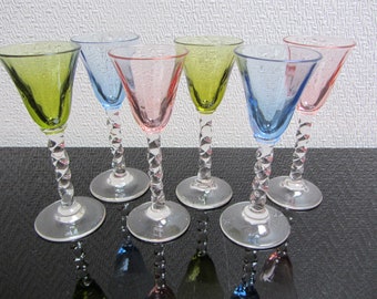 5 colored SHOT GLASSES LIQUEUR GLASSES with stem, eggnog glass, 60s Obstler glass, blue green pink, aperitif, stamperl, gift to glass collectors