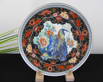 großer TELLER, farbenfroher PFAU, Japan, dekorativer SAMMELTELLER, Vintage Porzellanteller Silberrand, Handarbeit, Vogel und Blumen Dekor,