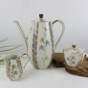 Gareis COFFEE POT milk jug and sugar bowl for the vintage coffee table, Mid Century coffee core gold decor with flowers in pastel shades