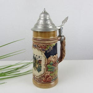 RÜDESHEIMER BEER MUG with pewter lid, beer mug beer tankard gift to collector, souvenir Drosselgasse Germany, rustic stone mug vintage