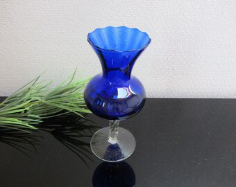 70s blue GLASS VASE, tall flower vase with twisted stem, Empoli, Italy, colorful interior decoration for flowers and candles, maritime table decoration